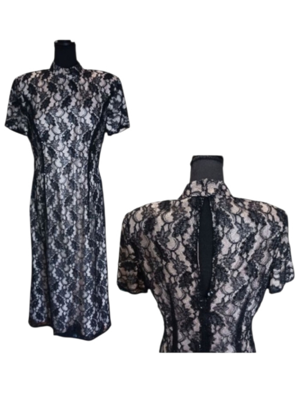 80s Stone Ferris Beaded Lace Evening Gown